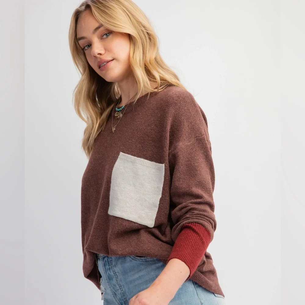 Easel Dried Plum Color Mix Knitted Sweater - Picture 3 of 3
